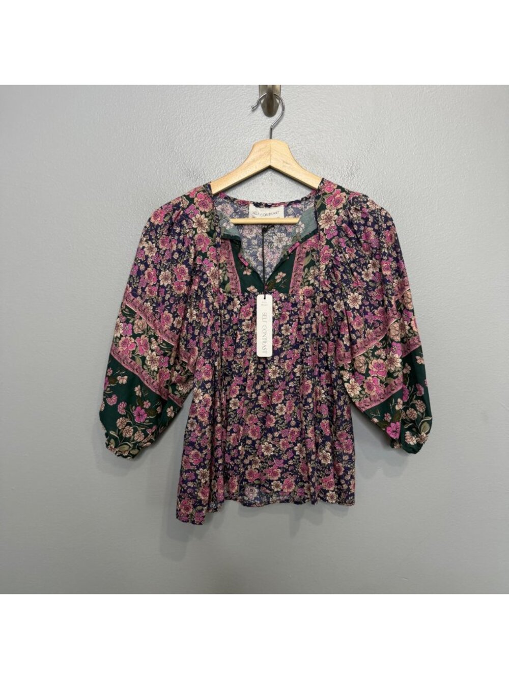 SELF CONTRAST mixed print peasant blouse size XS